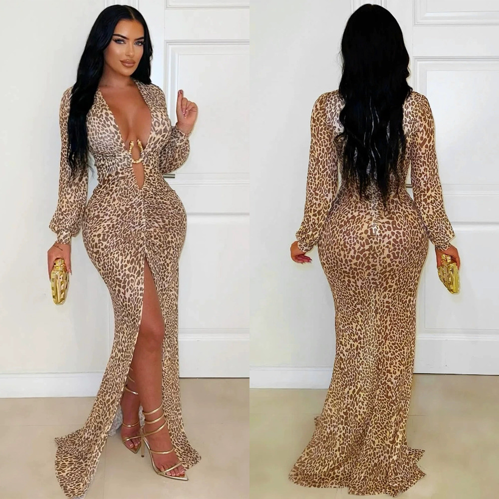 ZARA Sexy Deep V Leopard Print Slit Bodycon Dress